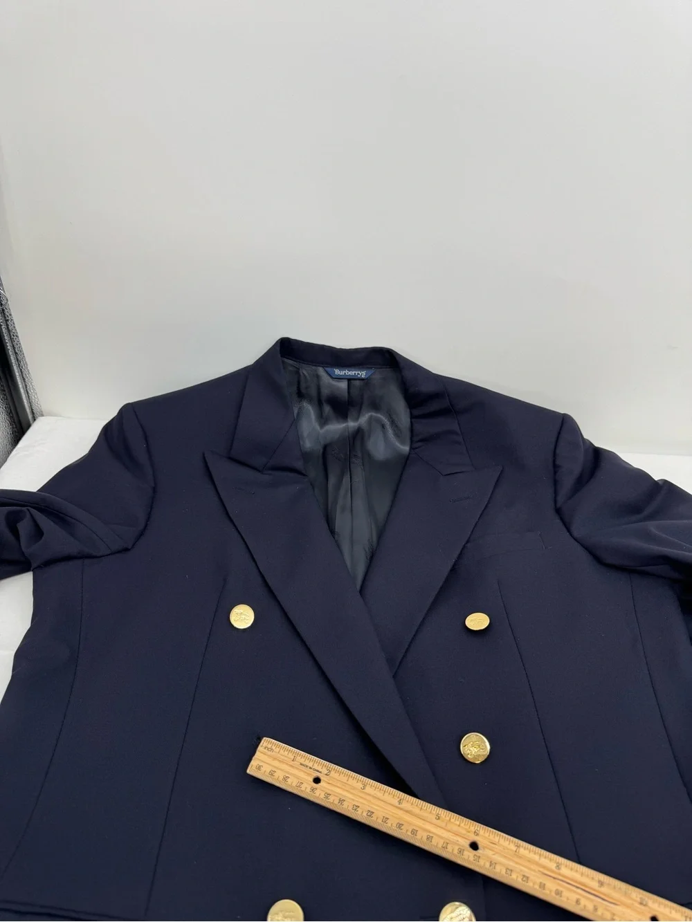Vintage BURBERRYS Navy Blue Gold Button Super 100's Wool Double Breasted Blazer
